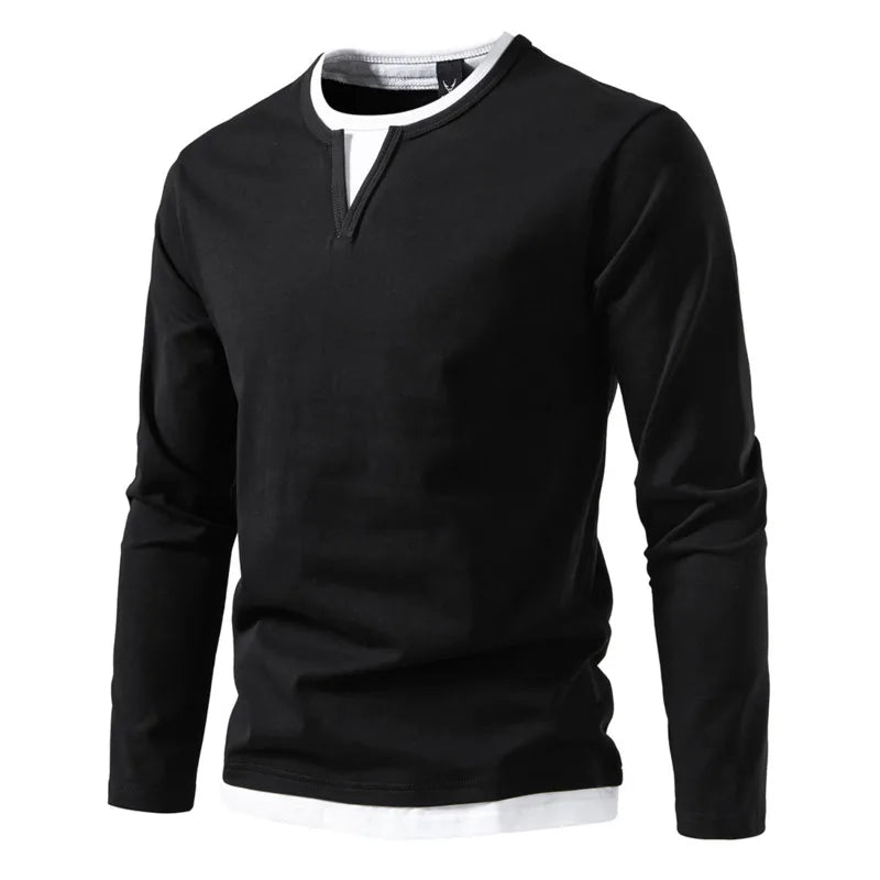 Men's Long Sleeve Herringbone Cotton T-Shirt with O-Neck Notch Detail