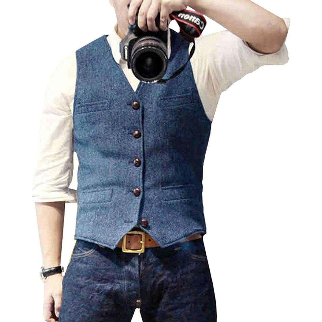 Men's Denim Vest, Button-Up Sleeveless Jacket with Chest Pockets