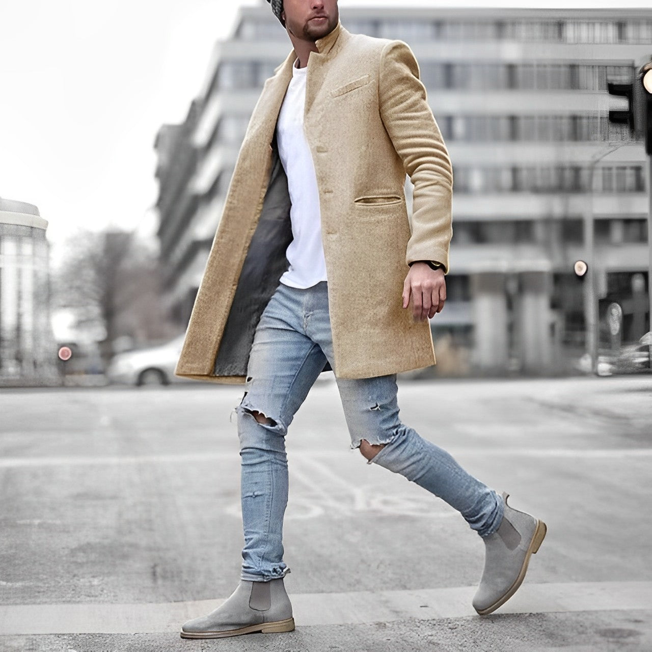 Men's Mid-Length Coat with Lapel Collar for Fall & Winter
