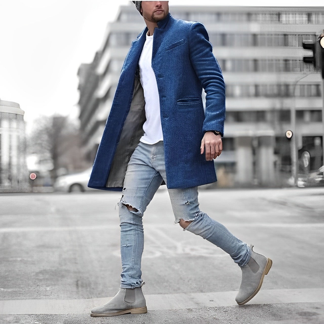Men's Mid-Length Coat with Lapel Collar for Fall & Winter