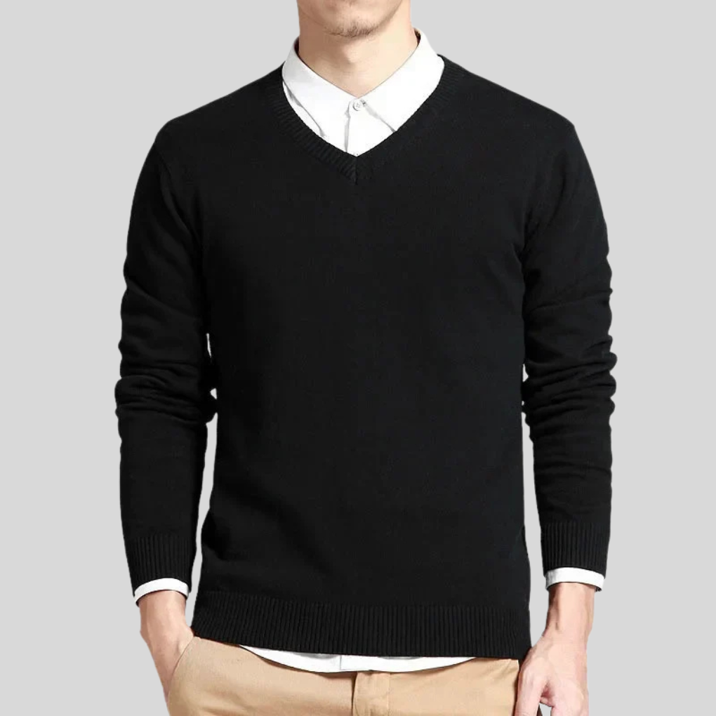 Men's V-Neck Cotton Sweater, Ribbed Knit Pullover for Layering