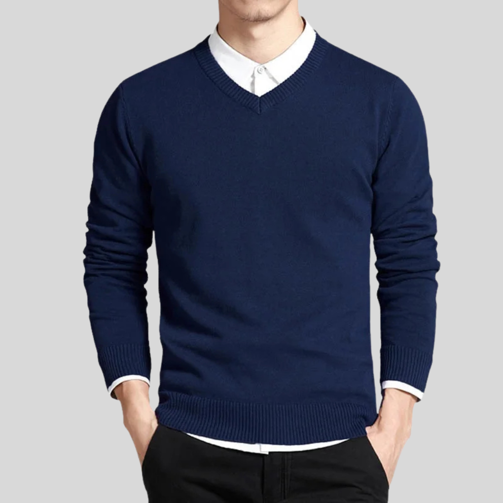 Men's V-Neck Cotton Sweater, Ribbed Knit Pullover for Layering