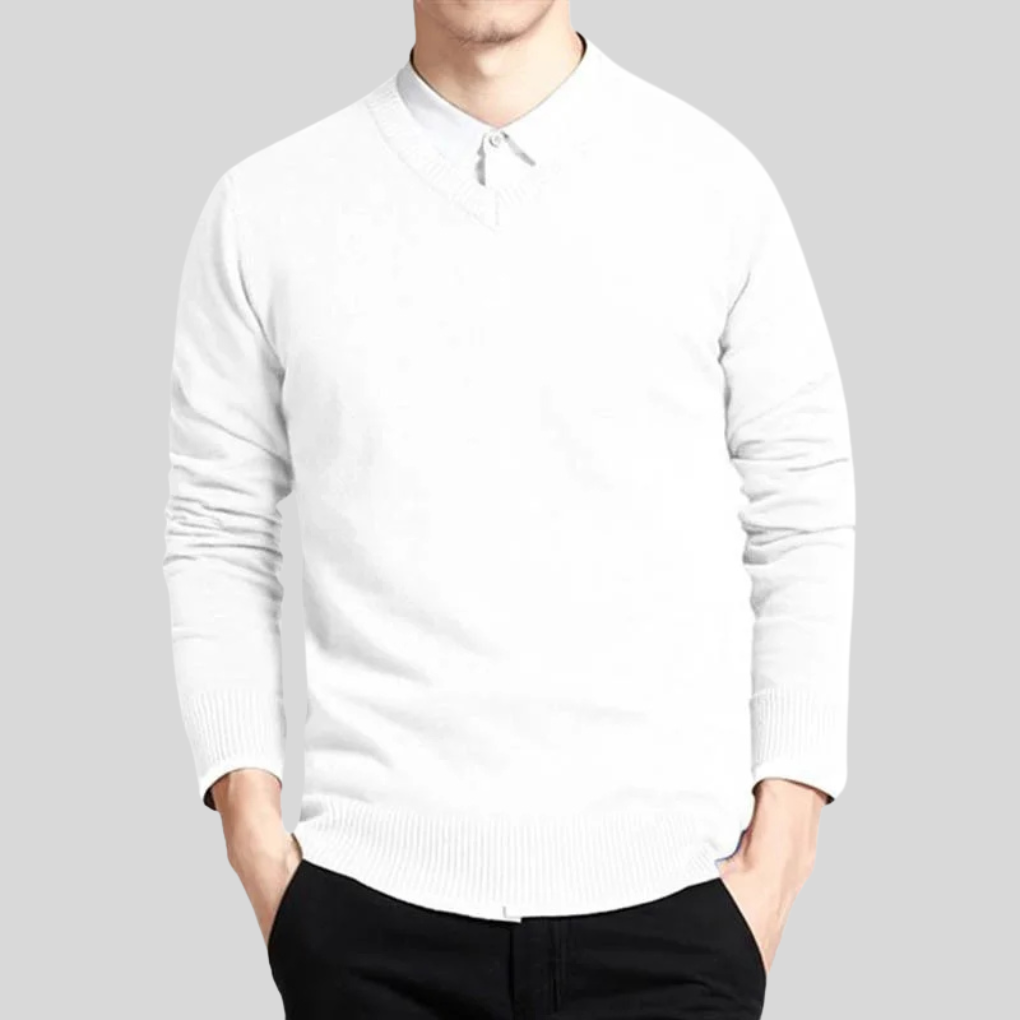 Men's V-Neck Cotton Sweater, Ribbed Knit Pullover for Layering