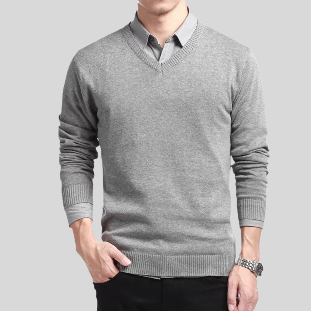 Men's V-Neck Cotton Sweater, Ribbed Knit Pullover for Layering