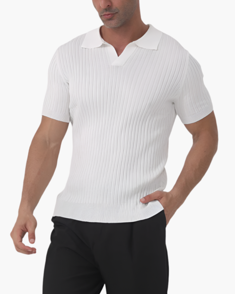Men's Ribbed Polo Shirt with Collar Detail, Casual Short Sleeve Polo