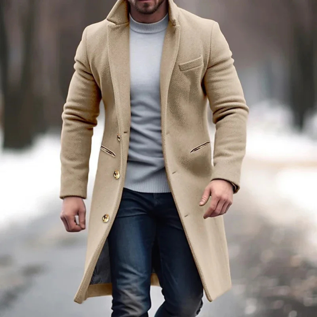 Men's Wool Blend Overcoat, Long Winter Coat with Lapel