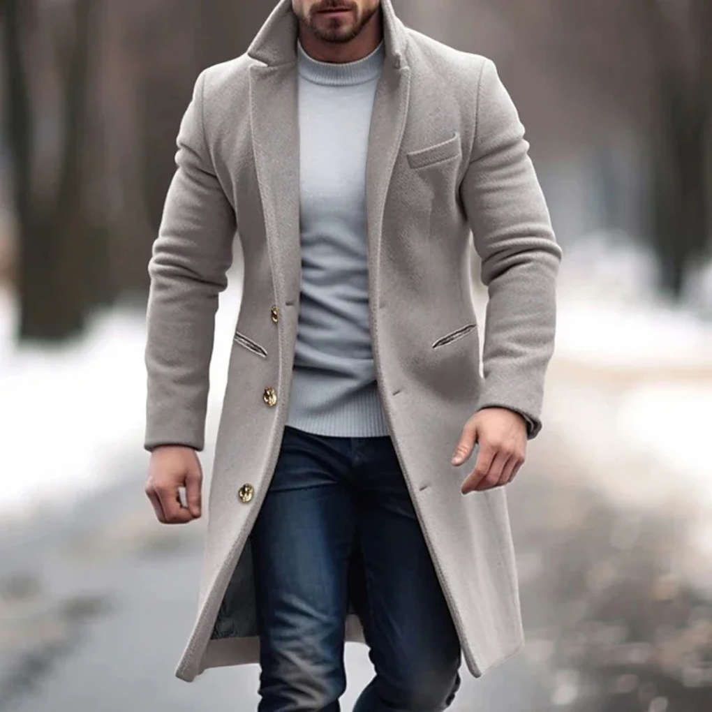 Men's Wool Blend Overcoat, Long Winter Coat with Lapel