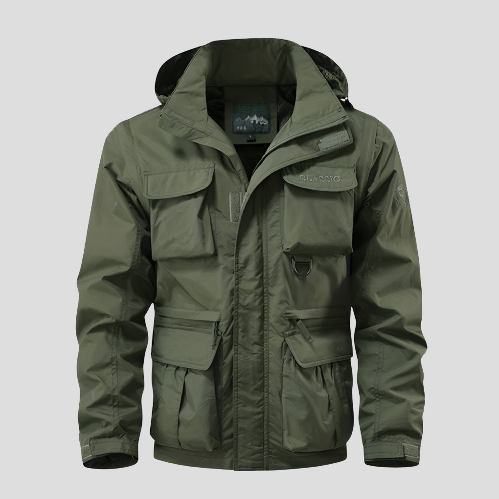 Men's Waterproof Military Style Coat - Hooded Rain Jacket with Storm Flap