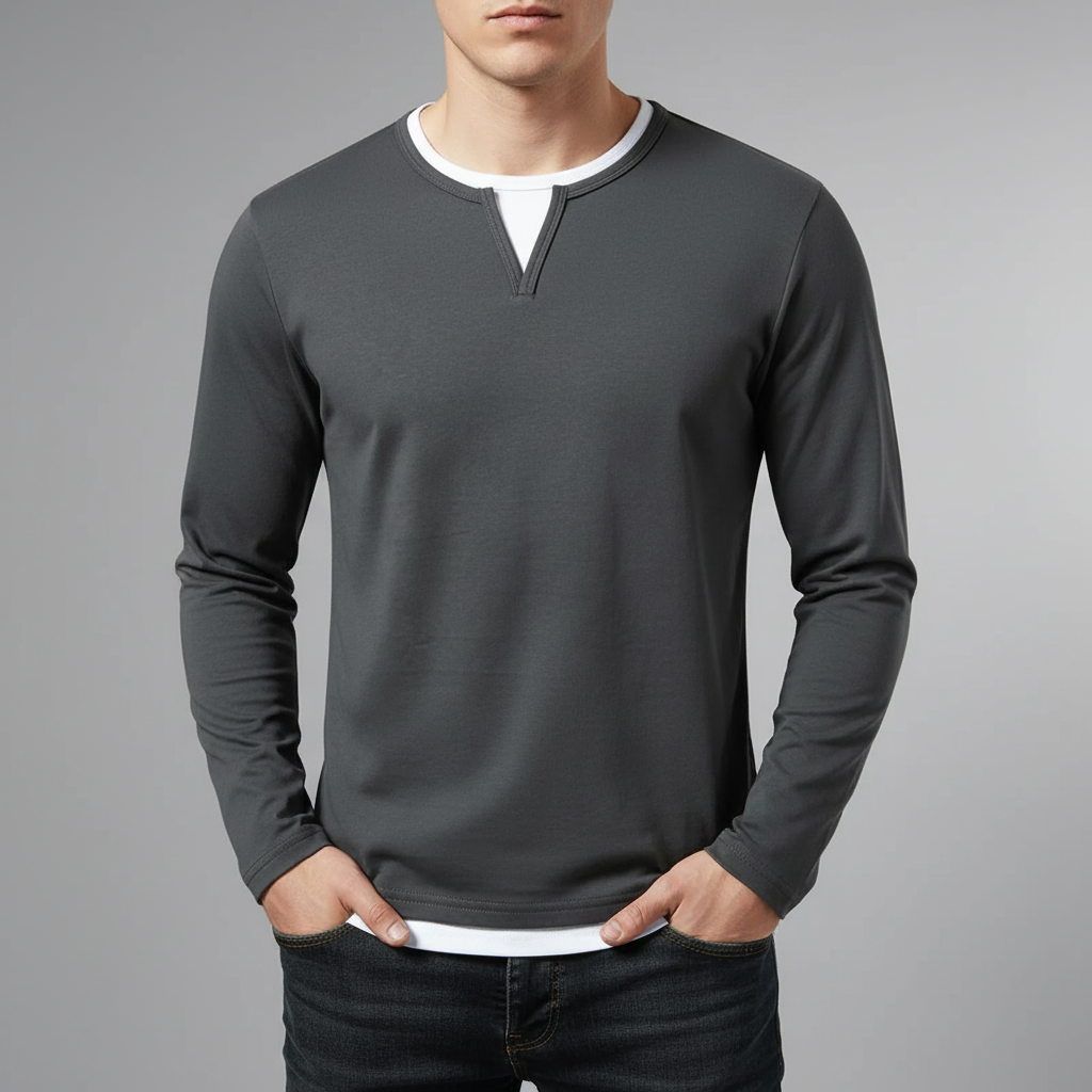 Men's Long Sleeve Herringbone Cotton T-Shirt with O-Neck Notch Detail