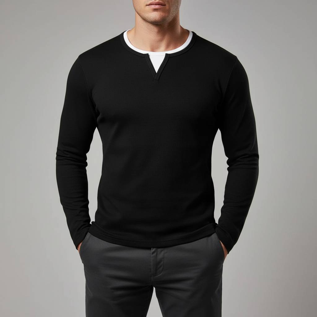 Men's Long Sleeve Herringbone Cotton T-Shirt with O-Neck Notch Detail