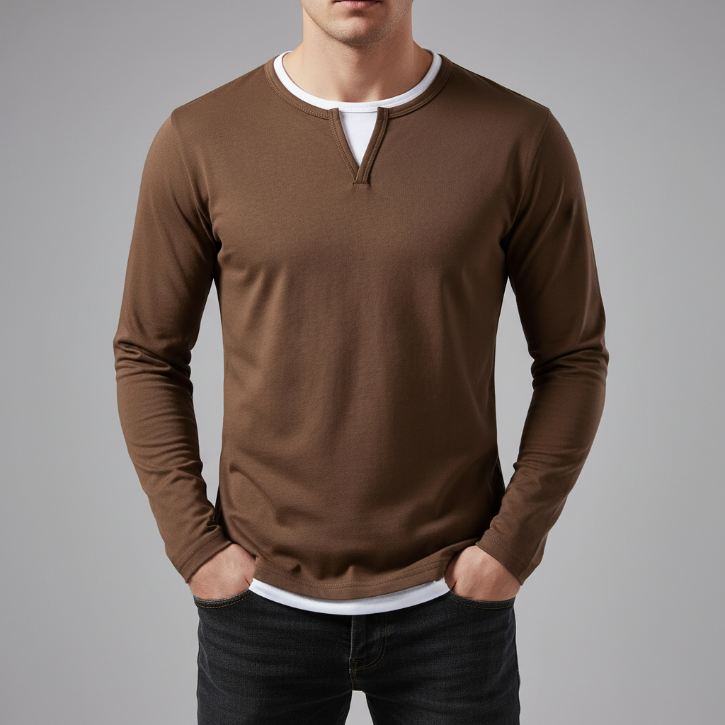 Men's Long Sleeve Herringbone Cotton T-Shirt with O-Neck Notch Detail