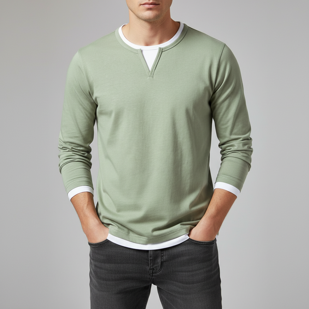 Men's Long Sleeve Herringbone Cotton T-Shirt with O-Neck Notch Detail
