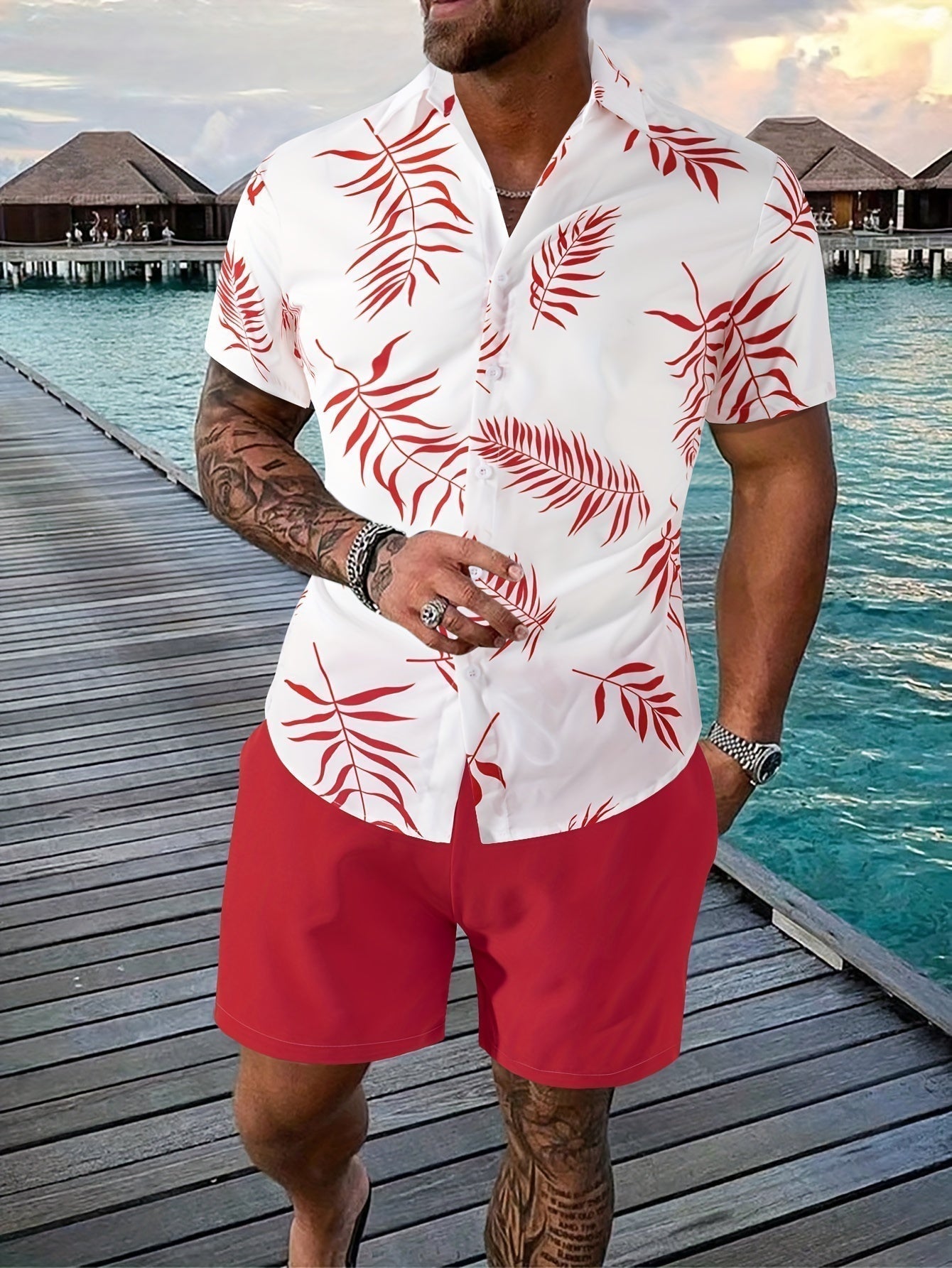 Men's Tropical Print Shirt and Shorts Set, Matching Summer Two-Piece Outfit