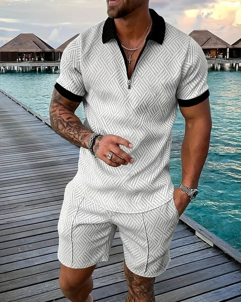 Men's Summer Tracksuit Set, Zip Collar Polo and Shorts Outfit