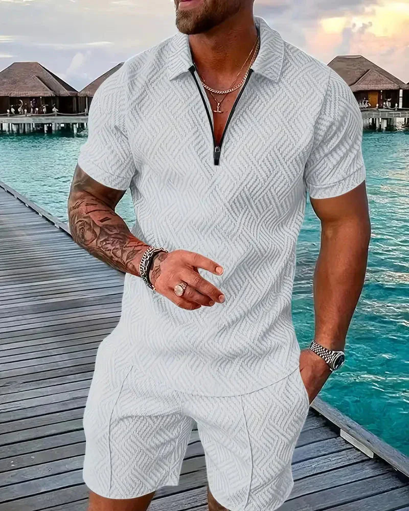 Men's Summer Tracksuit Set, Zip Collar Polo and Shorts Outfit