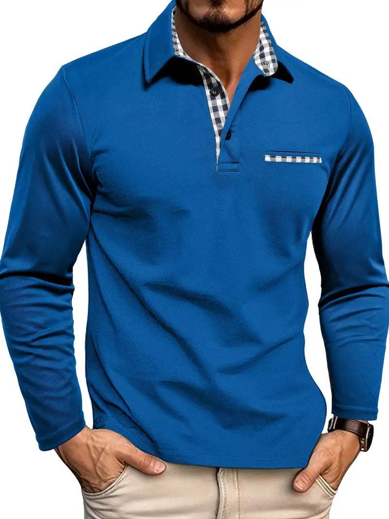 Men's Long Sleeve Polo Shirt with Contrast Collar, Smart Casual Polo