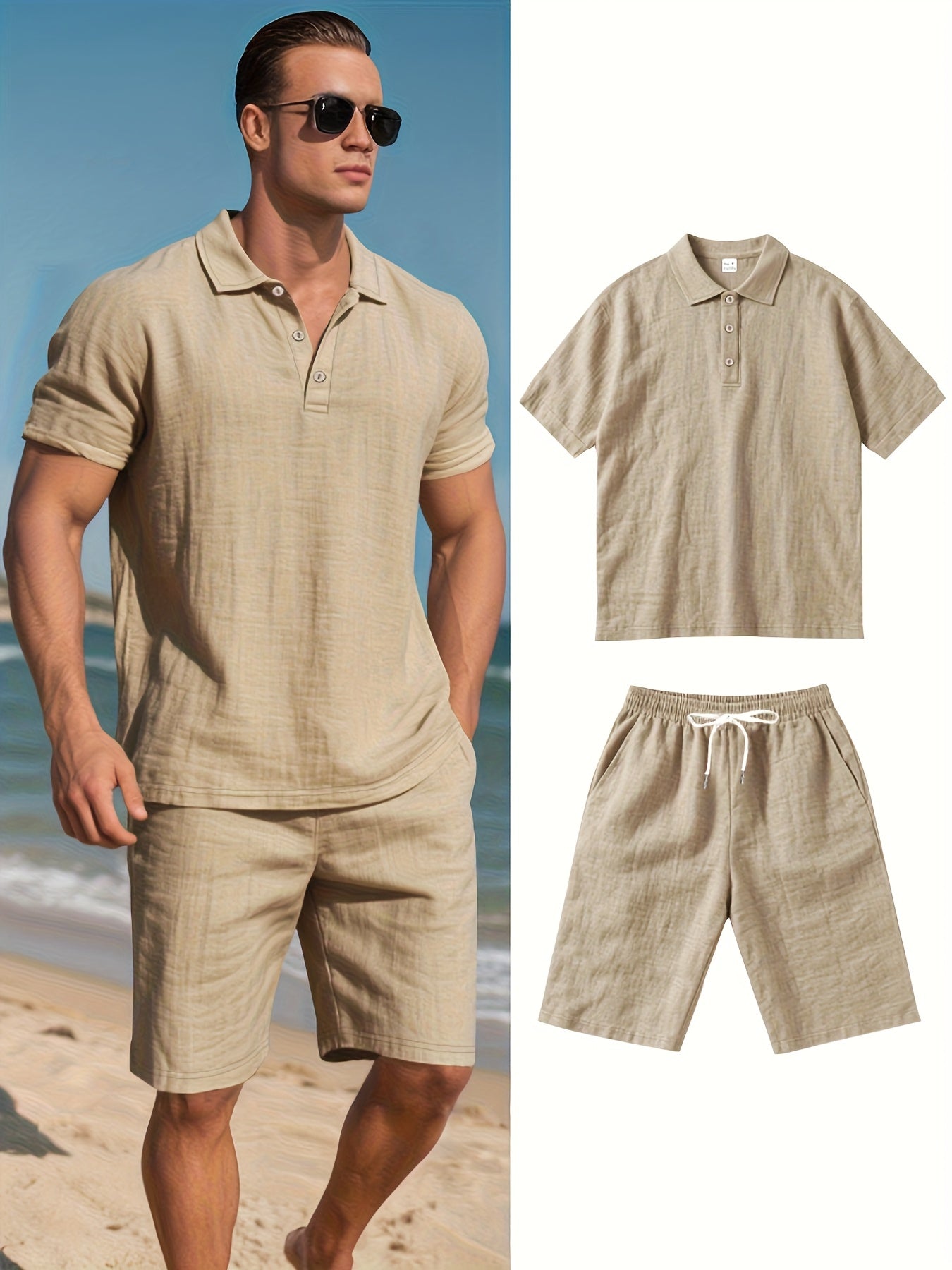 Men's Polo Shirt and Shorts Set with Adjustable Waist, Matching Summer Outfit
