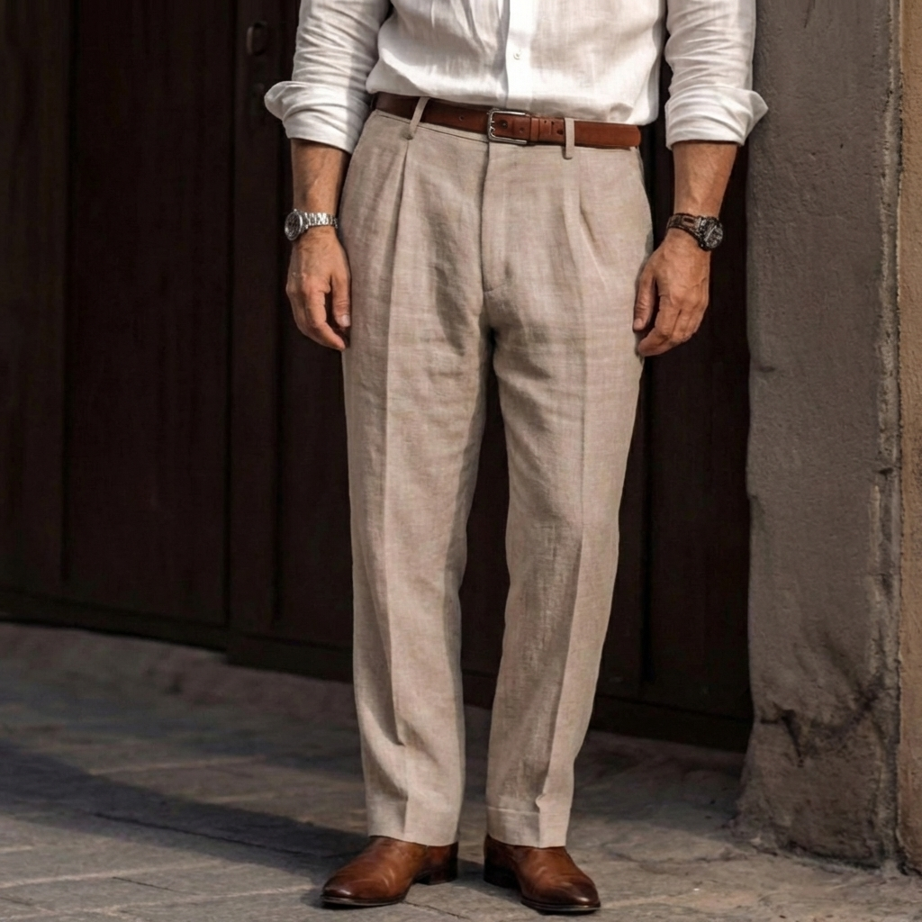 Men's Vintage High-Waist Trousers, Pleated Wide Leg Wool Blend Pants
