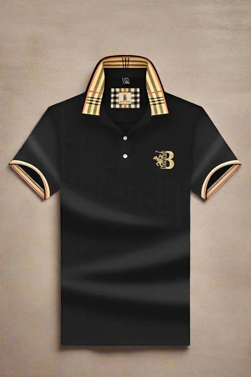 Men's Elegant Polo Shirt with Check Collar, Smart Casual Short Sleeve Polo
