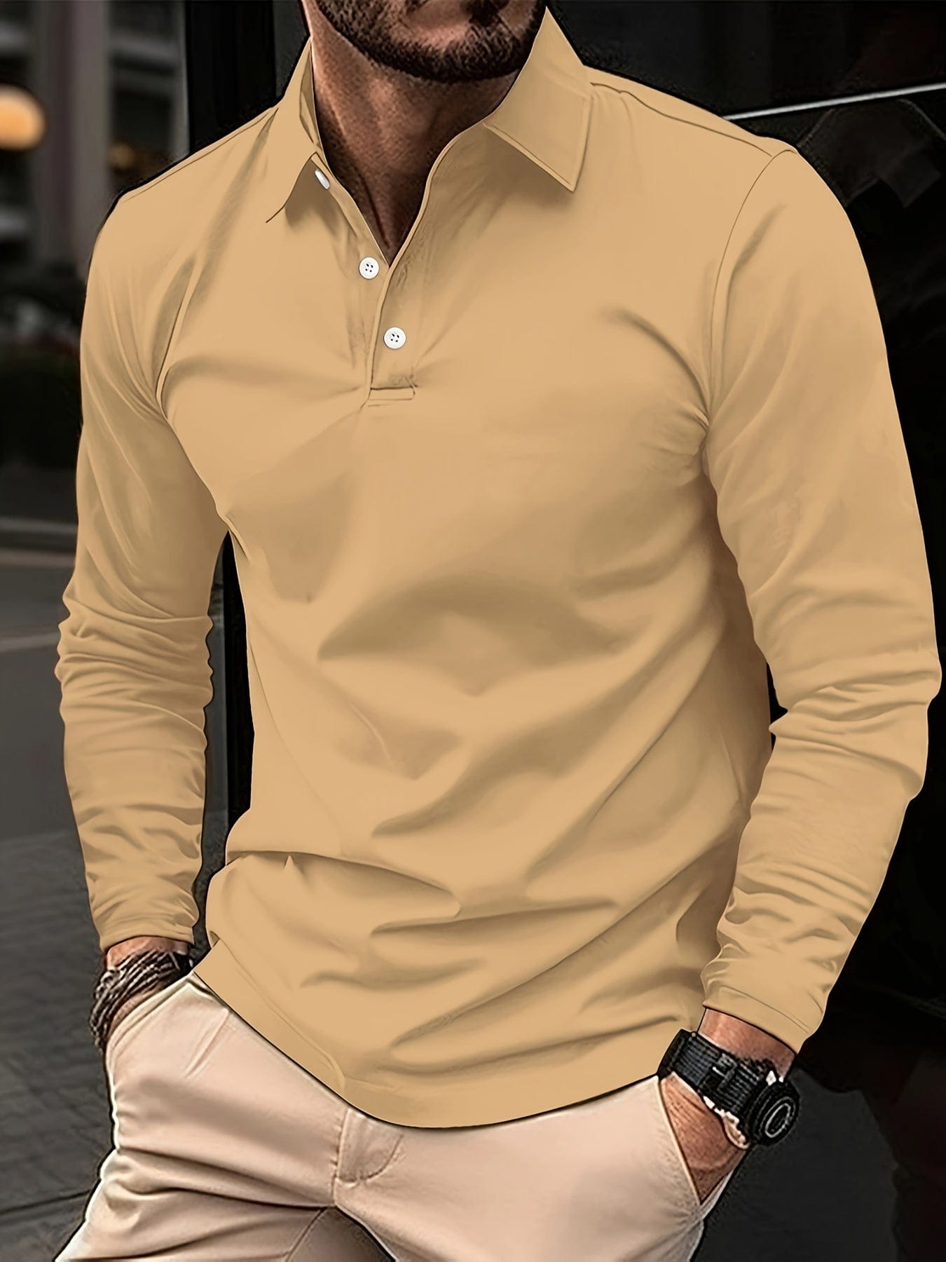 Men's Long-Sleeve Polo Shirt - Cotton Blend, Classic Collar