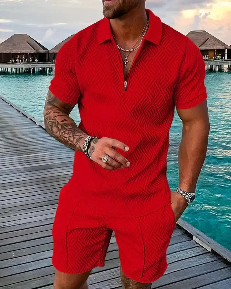 Men's Summer Tracksuit Set, Zip Collar Polo and Shorts Outfit