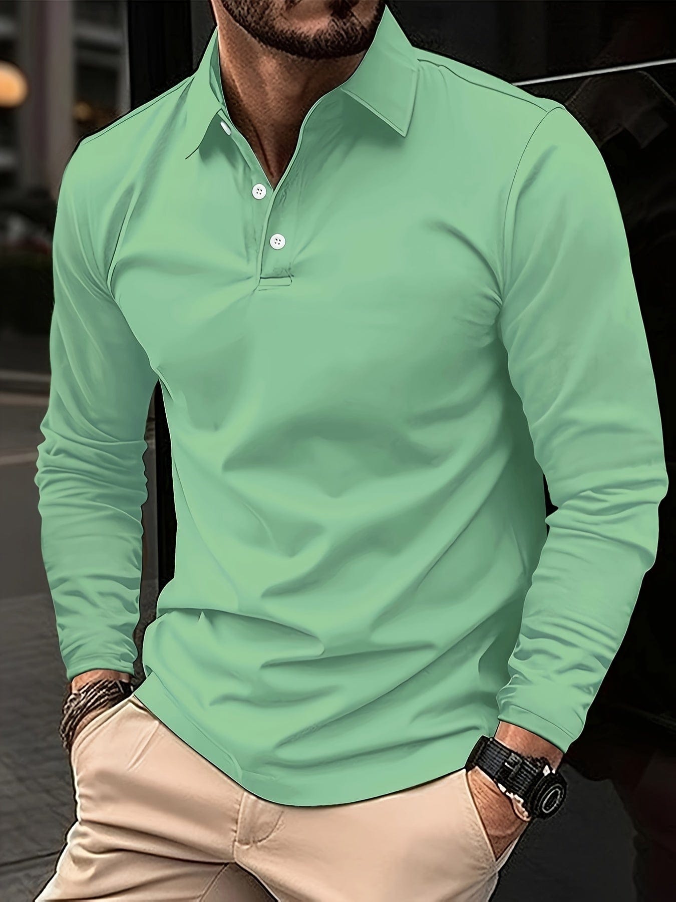 Men's Long-Sleeve Polo Shirt - Cotton Blend, Classic Collar