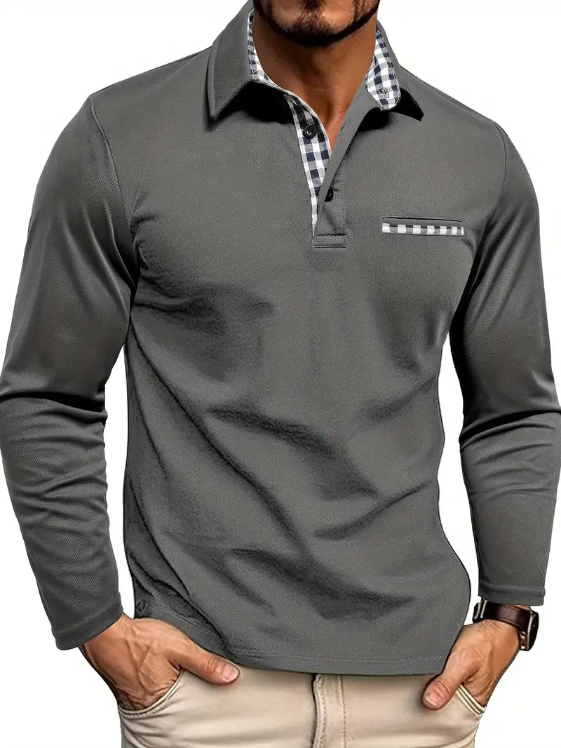 Men's Long Sleeve Polo Shirt with Contrast Collar, Smart Casual Polo