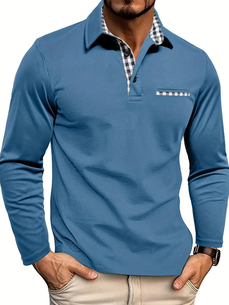 Men's Long Sleeve Polo Shirt with Contrast Collar, Smart Casual Polo