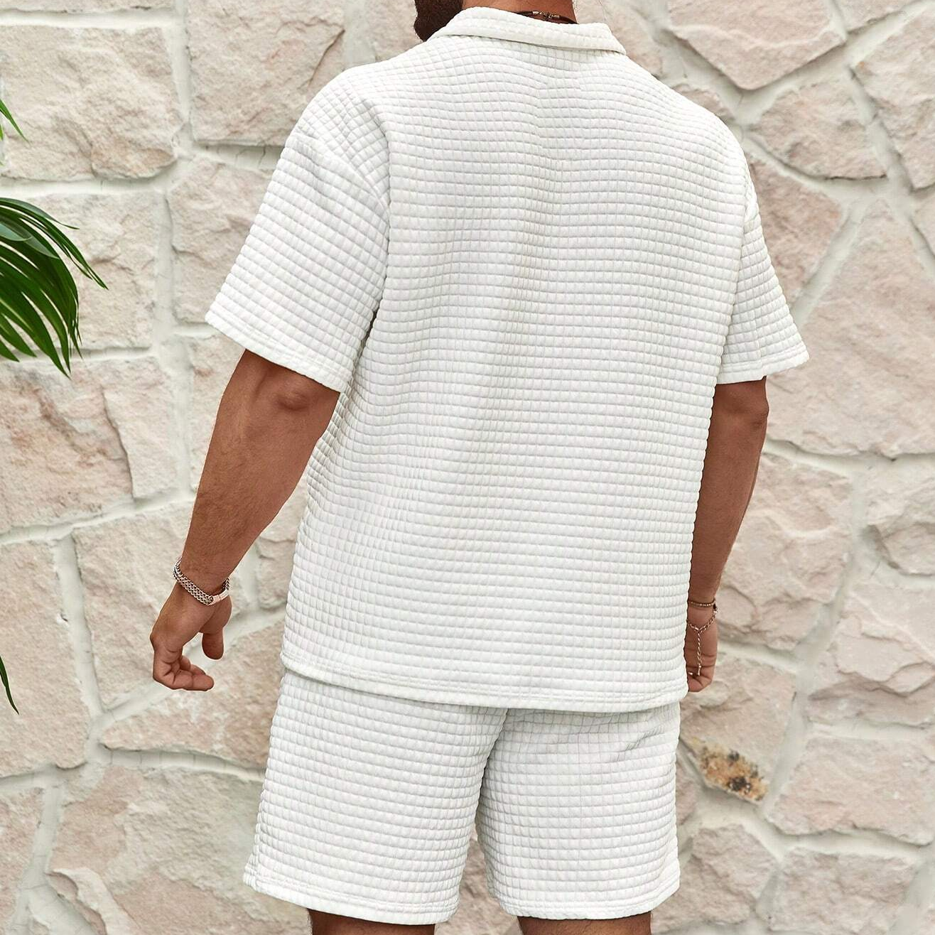 Men's Waffle Knit Polo and Shorts Set, Textured Summer Two-Piece Outfit
