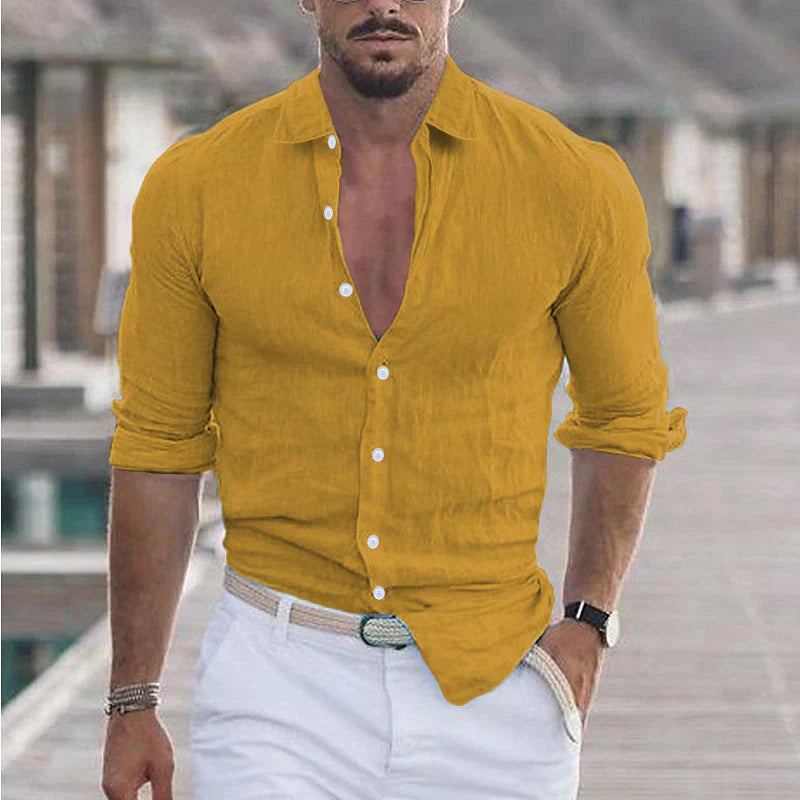 Men's Linen Shirt with Turn-Down Collar, Breathable Button-Up