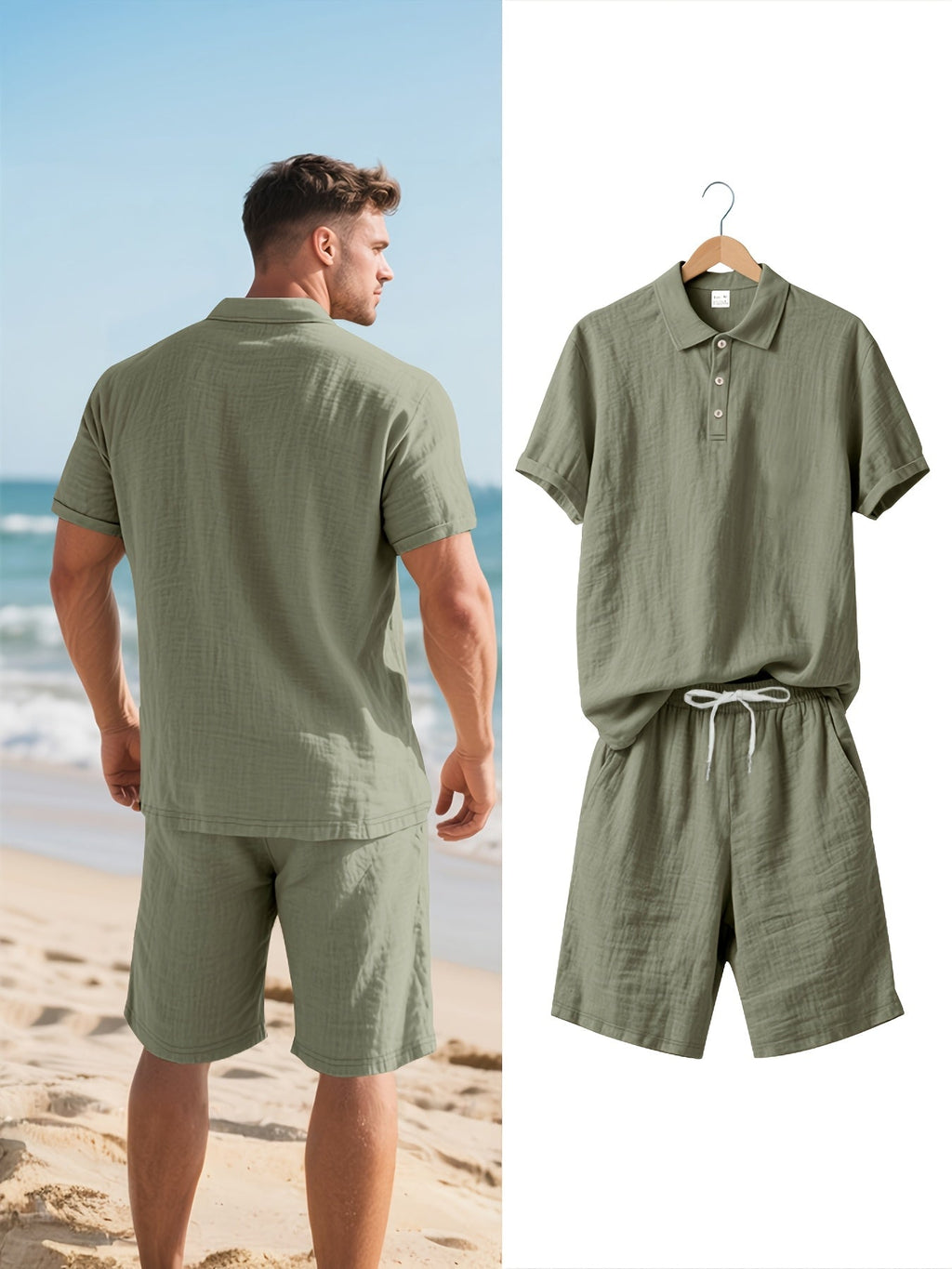 Men's Polo Shirt and Shorts Set with Adjustable Waist, Matching Summer Outfit