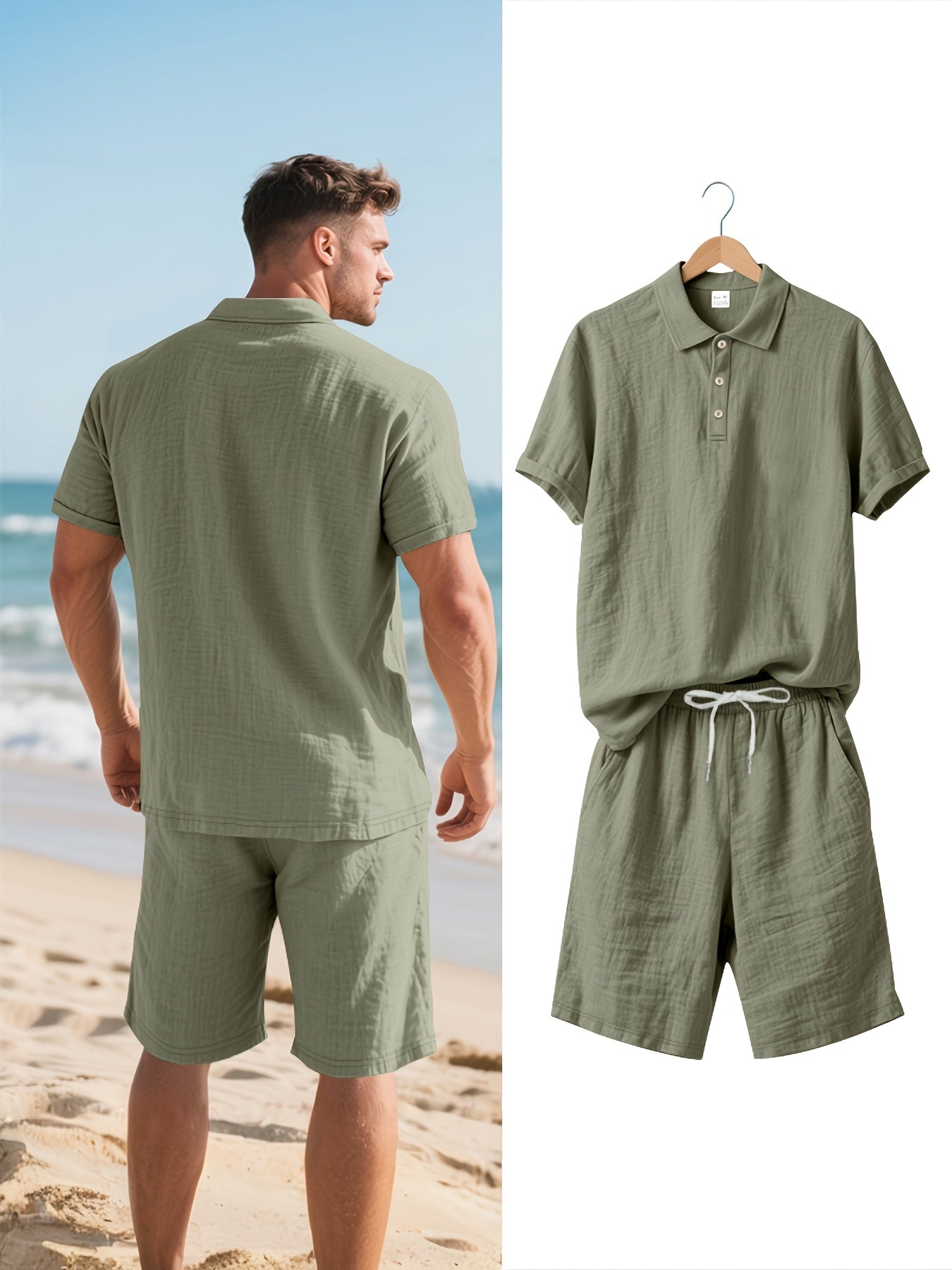 Men's Polo Shirt and Shorts Set with Adjustable Waist, Matching Summer Outfit