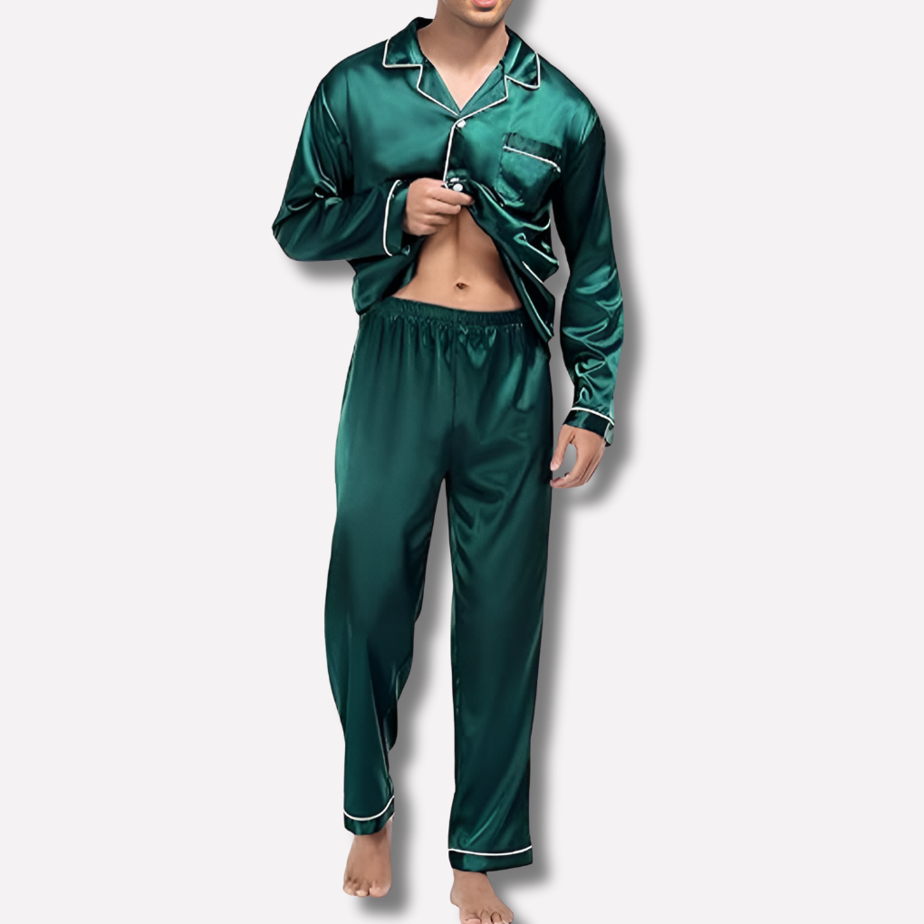 Men's Satin Pajama Set - Long Sleeve Button-Front Sleepwear