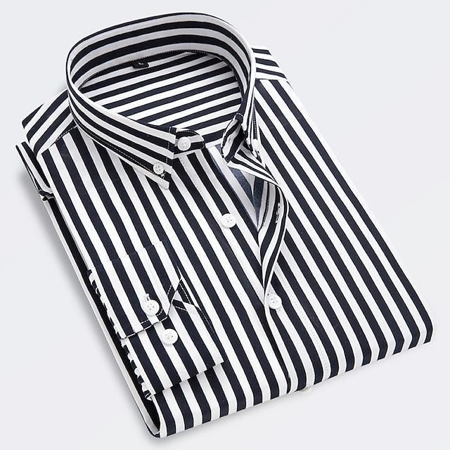 Men's Striped Summer Shirt with Button-Down Collar, Short Sleeve Casual Cotton Shirt