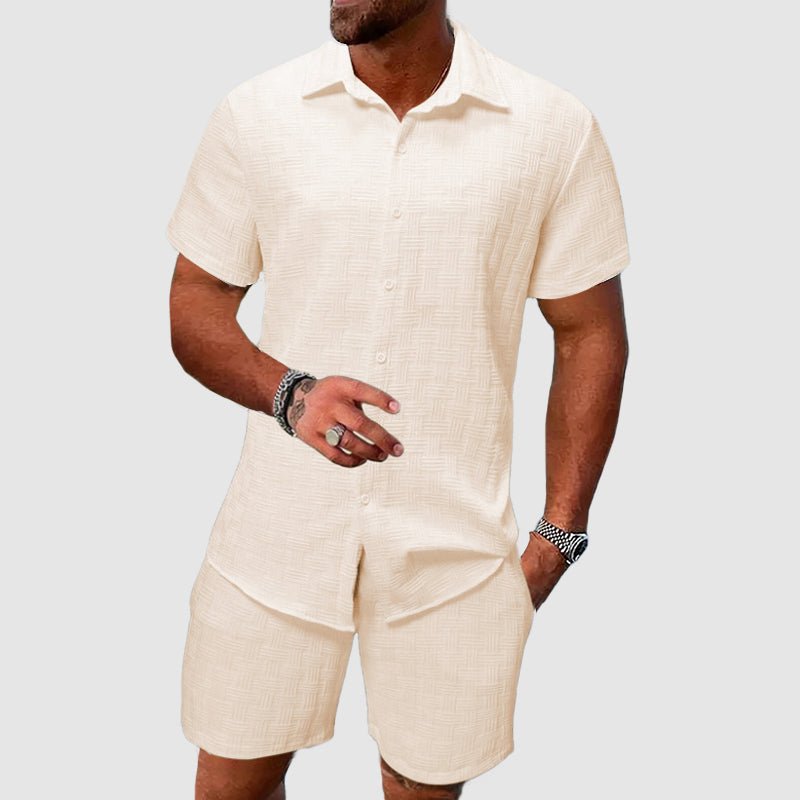 Men's Textured Weave Button-Down Shirt and Shorts Set, Summer Two-Piece Outfit