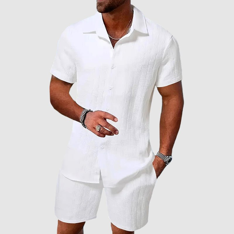 Men's Textured Weave Button-Down Shirt and Shorts Set, Summer Two-Piece Outfit