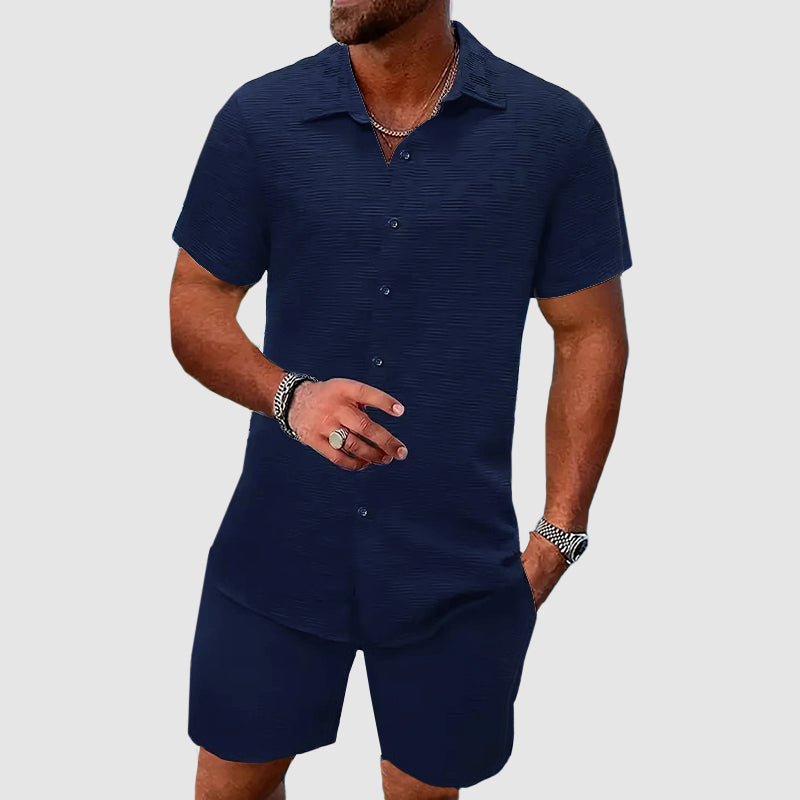 Men's Textured Weave Button-Down Shirt and Shorts Set, Summer Two-Piece Outfit