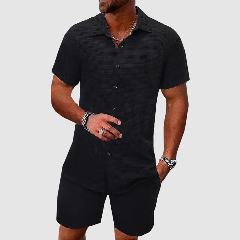 Men's Textured Weave Button-Down Shirt and Shorts Set, Summer Two-Piece Outfit