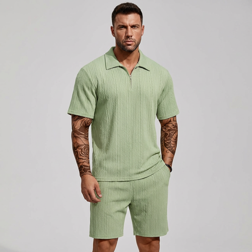 Men's 2-Piece Casual Outfit Set, Quarter-Zip Polo and Matching Shorts