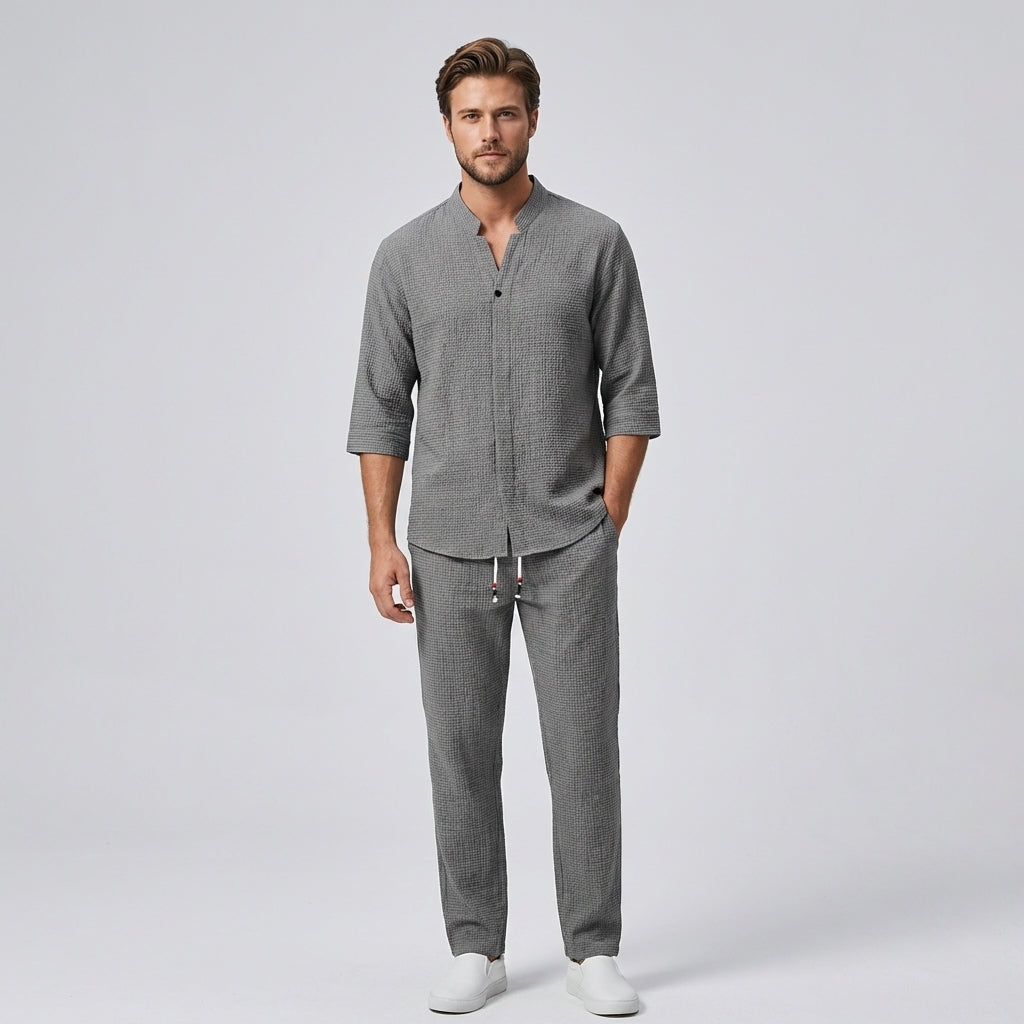 Men's Linen 2-Piece Set - Short Sleeve Shirt and Elastic Waist Pants