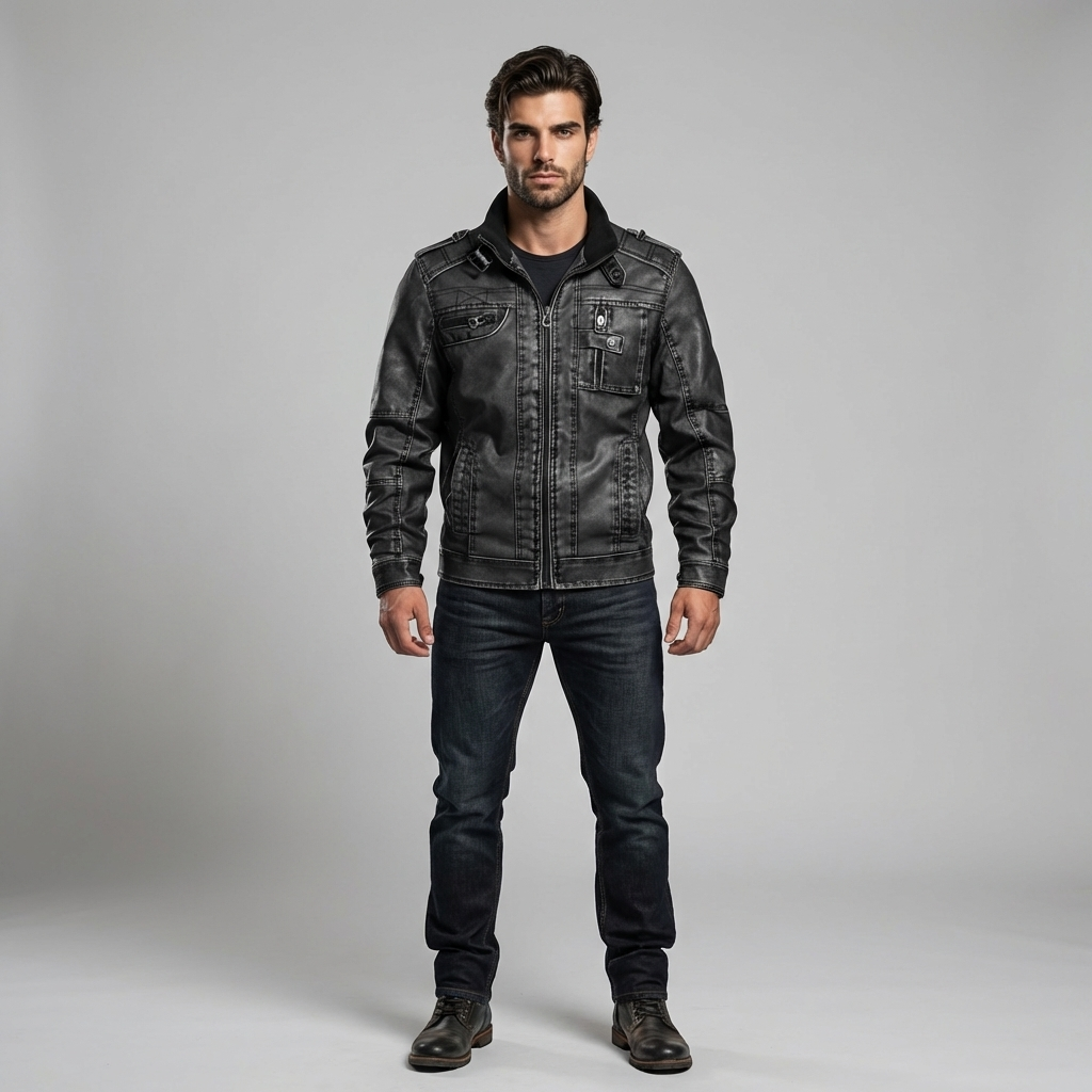 Black Faux Leather Jacket for Men, Zip-Up Moto Style