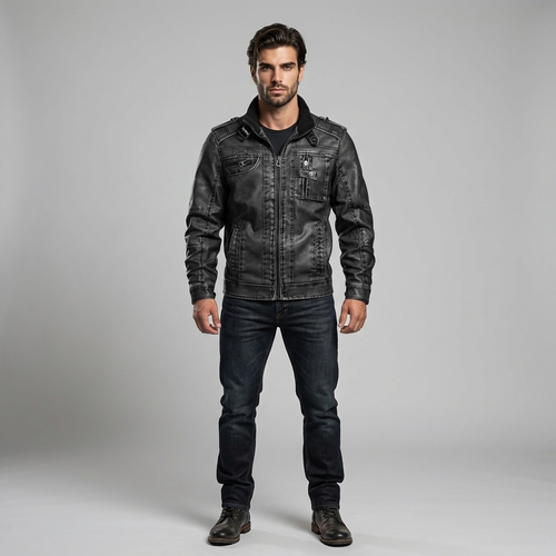 Black Faux Leather Jacket for Men, Zip-Up Moto Style
