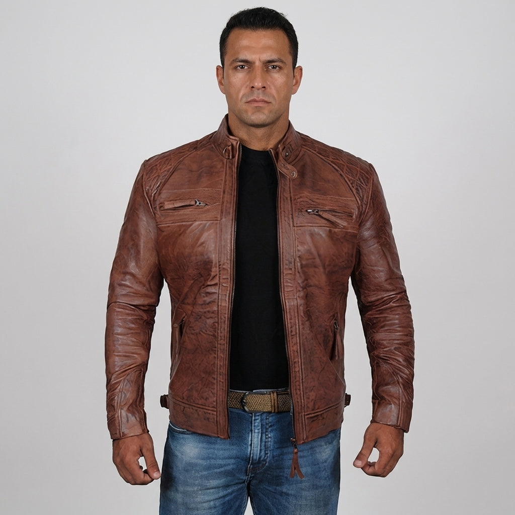 Men's Rugged Motorcycle Jacket with Multiple Zipper Pockets, Durable Riding Jacket