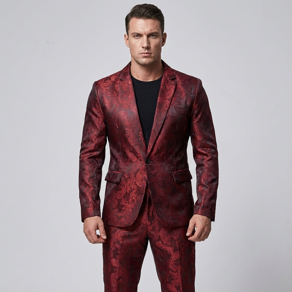 Men's Two-Piece Suit - Slim Fit Jacquard Blazer and Trousers Set