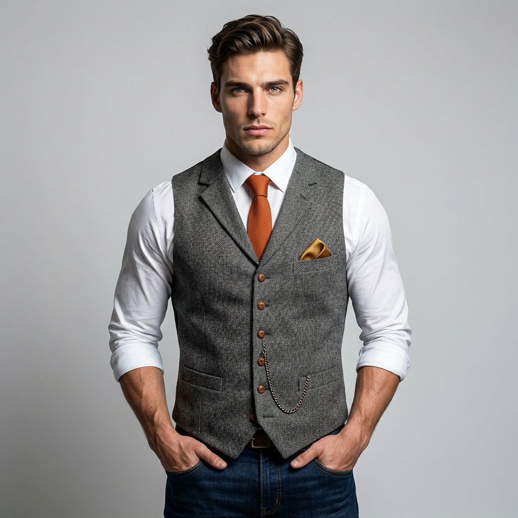Men's Checked Waistcoat - Woven Blend Button-Front Vest for Layering