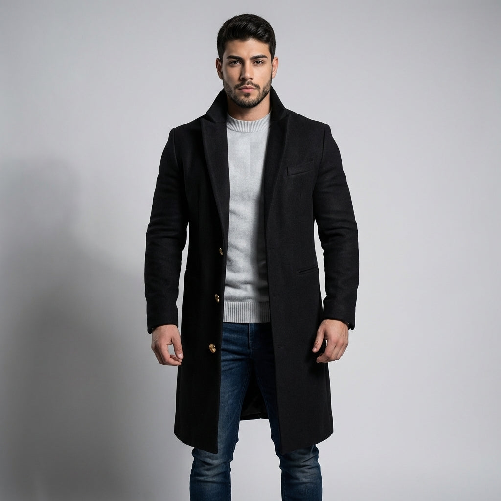Men's Wool Blend Overcoat, Long Winter Coat with Lapel