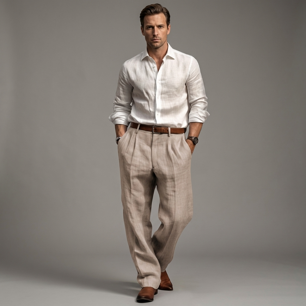 Men's Pleated Linen Trousers - Straight-Leg Summer Pants
