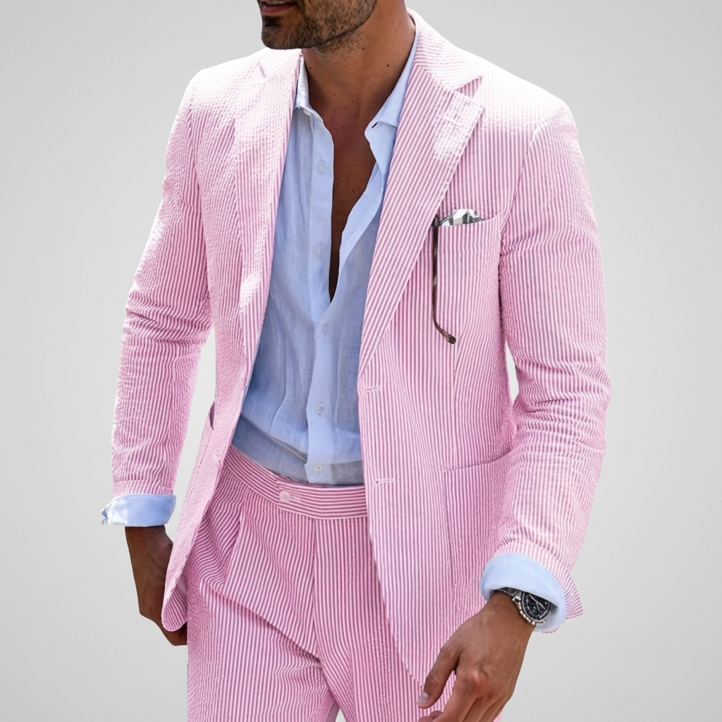 Men's Two Piece Summer Suit, Slim Fit Pinstripe Blazer and Trousers