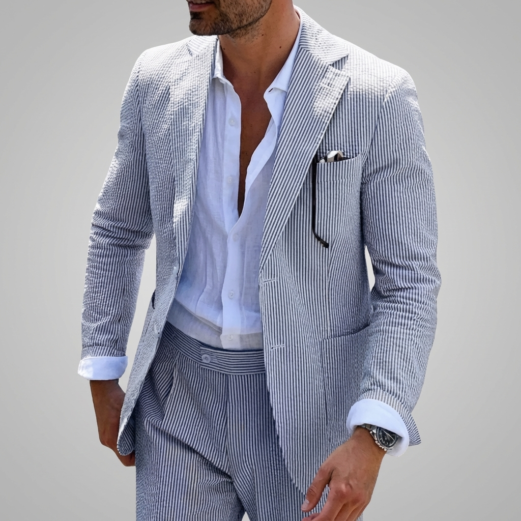 Men's Two Piece Summer Suit, Slim Fit Pinstripe Blazer and Trousers