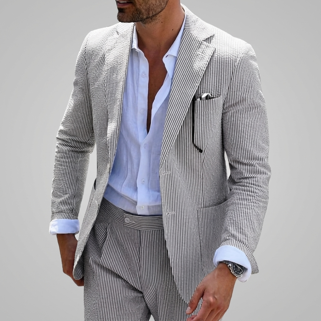 Men's Two Piece Summer Suit, Slim Fit Pinstripe Blazer and Trousers